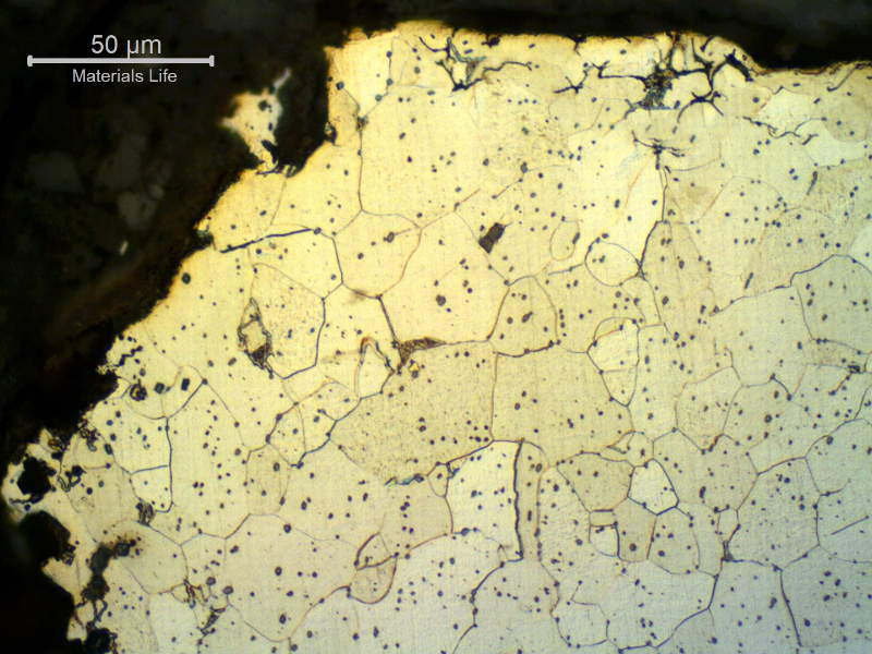Micrography of a transverse section, perpendicular to the fracture surface, showing lack of plastic deformation during rupture. Cleavage factes are evident in the ferritic structure close to the fracture surface.