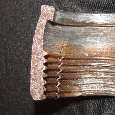 Aspect of the internal side of the connector.  The fracture, in the longitudinal direction, presents a brittle aspect. The thickness of the connector is about 2 mm.