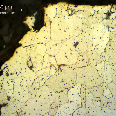 Micrography of a transverse section, perpendicular to the fracture surface, showing lack of plastic deformation during rupture. Cleavage factes are evident in the ferritic structure close to the fracture surface.