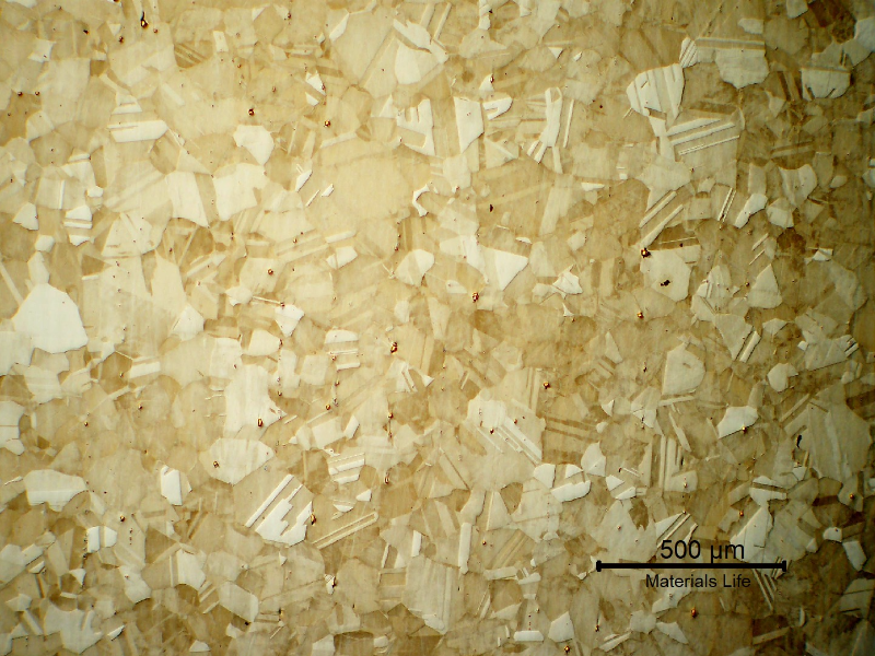 Low magnification micrography of the bolt in a longitudinal section, in the center of the thickness.
Austenitic microstructure, granular, equiaxial, precipitation hardened (shadow in the grains).