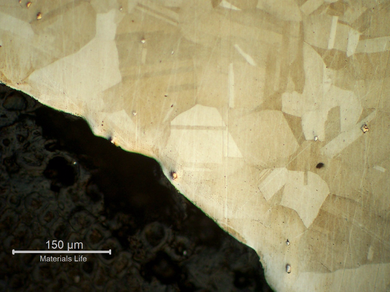 Micrography of the bolt in a longitudinal section, at the bolt head, showing no evidences of forming operations, indicating it was machined from a heat treated bar. 
Austenitic microstructure, granular, equiaxial, precipitation hardened (shadow in the grains).