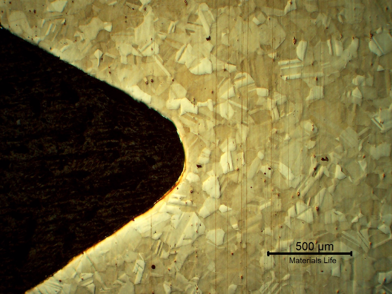 Low magnification micrography of the bolt in a longitudinal section, at the bolt thread, showing no evidences of forming operations, indicating it was machined from a heat treated bar.
Austenitic microstructure, granular, equiaxial, precipitation hardened (shadow in the grains).