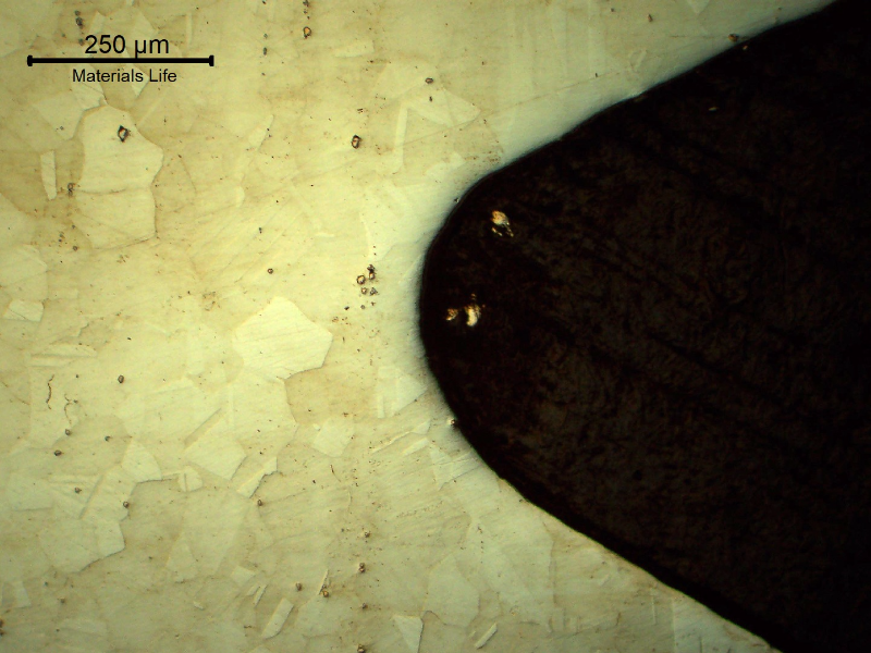 Low magnification micrography of the bolt in a longitudinal section, at the bolt thread, showing no evidences of forming operations, indicating that it was machined from a heat treated bar. Austenitic microstructure, granular, equiaxial.