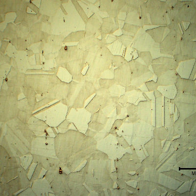 Micrography of a longitudinal section in the center of the bolt. 
Granular austenitic microstructure, equiaxial, primary precipitates (isolated), precipitation hardened (not detectable by metalography, only because of the hardness level)