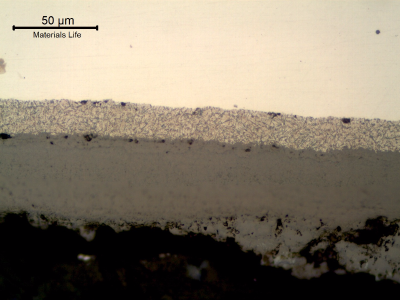 Micrographic detail of the longitudinal section of the tube, close to the internal surface, presenting a thick deposit.