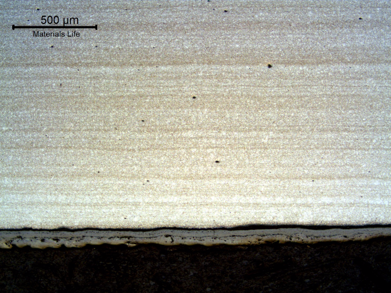 Micrography of the longitudinal section of the tube, close to the internal surface. A thick scale is evident, but no microstructural changes compared to the center of the tube.