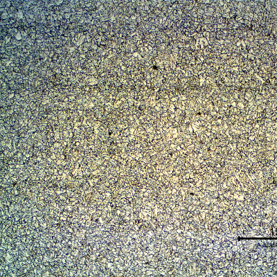 Micrography of a longitudinal section of the tube in the center of the thickness, showing a ferritic-bainitic structure of this CrMoV steel.