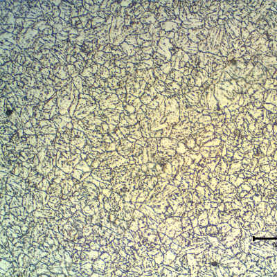 Micrography of a longitudinal section of the tube in the center of the thickness, showing a ferritic-bainitic structure of this CrMoV steel.