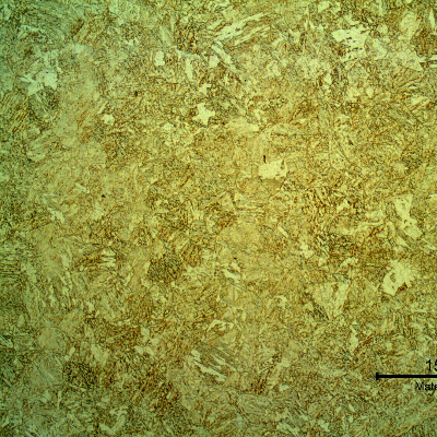 Micrography of the shaft in the center of the thickness. Bainitic structure with martensite in the segregated bands. Longitudinal section.