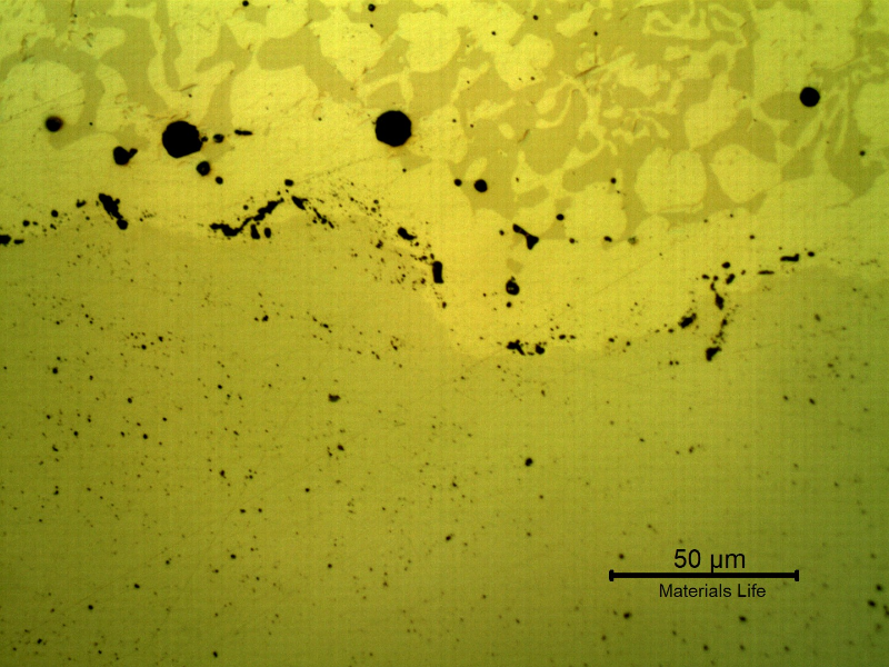 Micrographic detail, as polished, of the transverse section of the forged pin at the interface between the pin and the spray and fuse layer. The pin was heat treated after the thermal spray, and fuse treatment.
The interface presents a higher concentration of globular oxides and pores, entrapped.