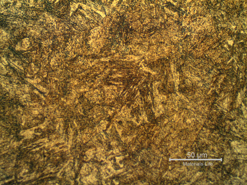 Micrographic detail of the tempered martensite structure close to the interface with the spray and fuse layer. Transverse section. The fuse is conducted in high temperature and the pin was heat treated after the thermal spray deposition and fuse.
