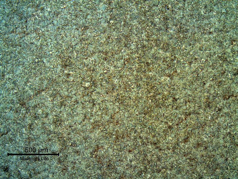 Low magnification micrography of the pin in the center of the 25 mm thickness. Bainitic structure of the material that was quenched and tempered after spray and fuse application. Transverse section presenting a uniform structure.
