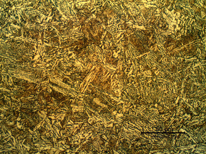 Micrographic detail of the bainitic structure in the center of the thickness of the tubular forging pin. Transverse section. The fuse is conducted in high temperature and the pin was heat treated after the thermal spray deposition and fuse.