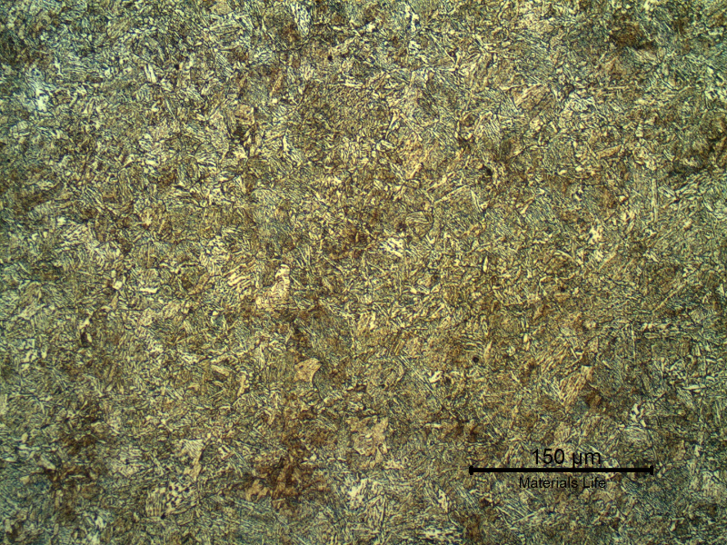 Micrography of the bainitic structure in the center of the thickness of the tubular forging pin. Transverse section. The fuse is conducted in high temperature and the pin was heat treated after the thermal spray deposition and fuse.