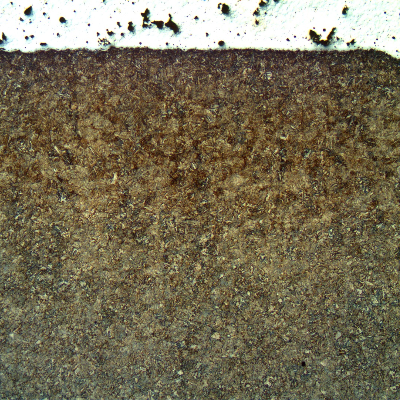 Low magnification micrography of the interface between the pin and the spray and fuse layer. 
Close to the surface, under the layer, the pin presents a quenched and tempered structure, compatible with a high strenght requirement. Transverse section.