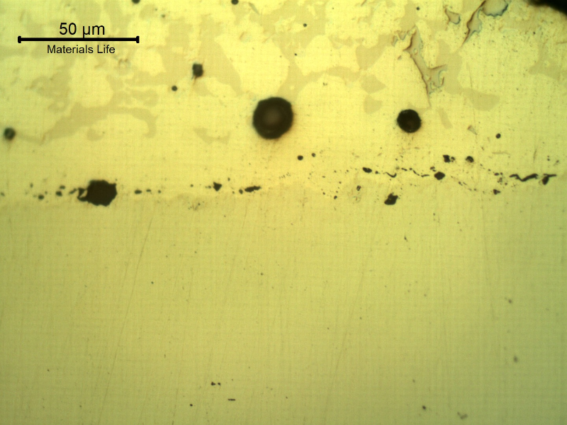 Micrographic detail, as polished, of the transverse section of the forged pin at the interface between the pin and the spray and fuse layer. The interface presents globular oxides and small pores, entrapped.
