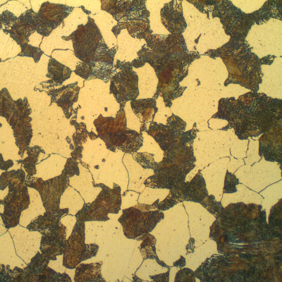 Micrographic detail of the ferritic-pearlitic structure in the center of the thickness of the tubular forging pin. Transverse section. The fuse is conducted in high temperature and the pin was not heat treated after the thermal spray deposition and fuse.
