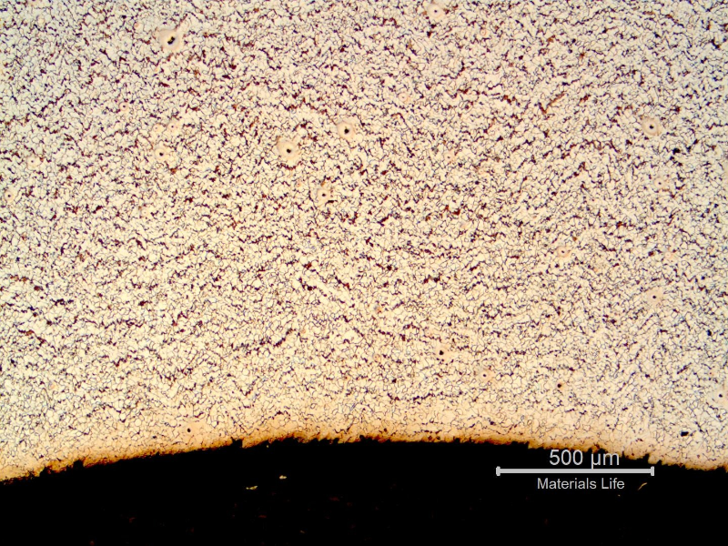 Micrography of a transverse section of the pipe, close to the internal surface (ID). 
Refined structure. 
Ferrite and pearlite.