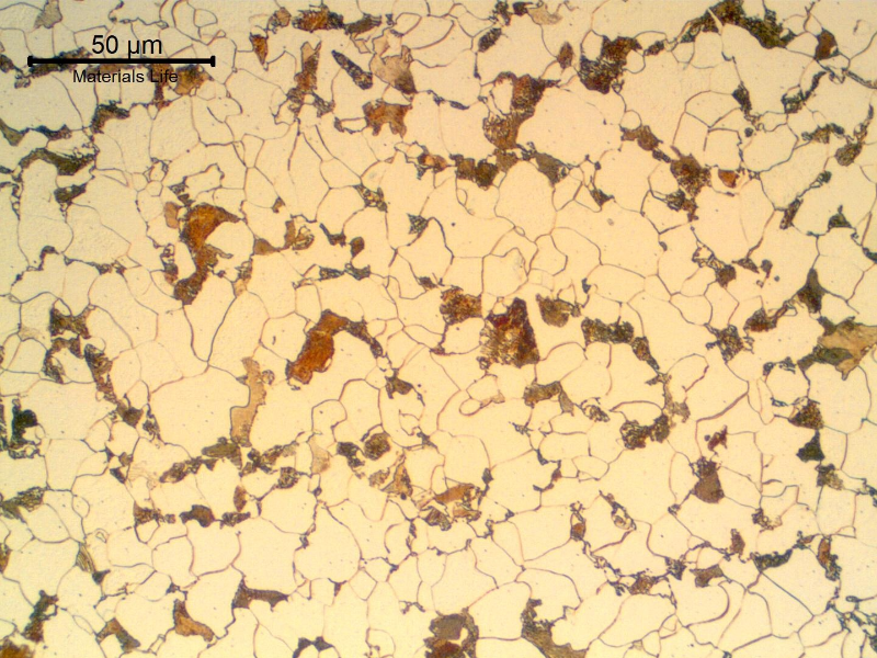 Micrography of a transverse section of the pipe, close to the internal surface (ID). 
Refined structure. Ferrite and pearlite.  The structure is not uniform.  There is a large variation in the ferritic grain size and the pearlite colonies appear forming a network.