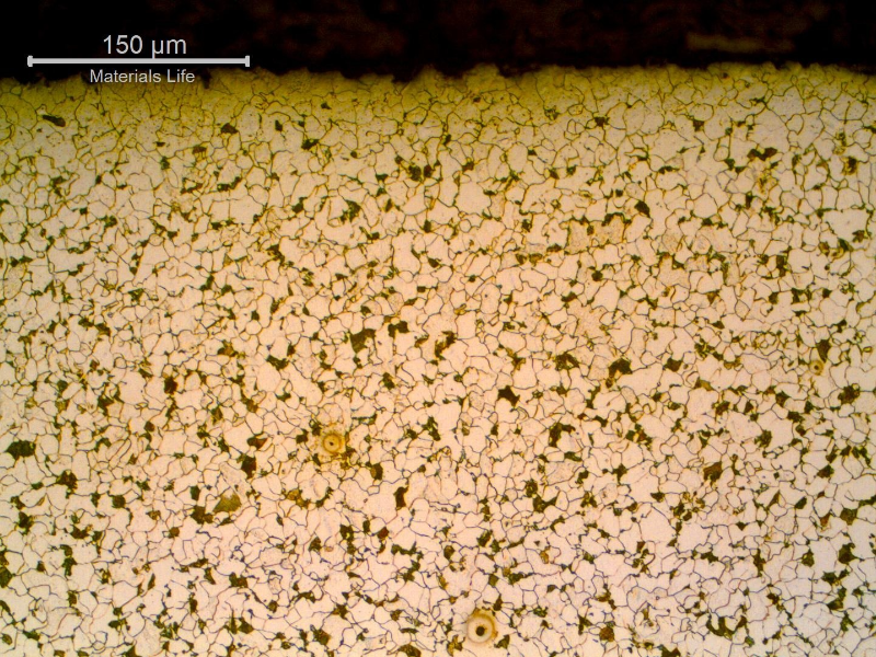 Micrography of a transverse section of the pipe, close to the external surface (OD). 
Refined structure. Ferrite and pearlite.