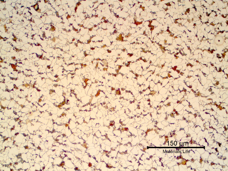 Micrography of a transverse section of the pipe, in the center of the thickness. 
Refined structure but not uniform.  Ferrite and pearlite.