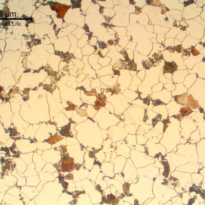 Micrography of a transverse section of the pipe, external diameter 26.7 mm, in the center of the 7.85mm thickness.  Refined structure but not uniform.  Ferrite and pearlite.