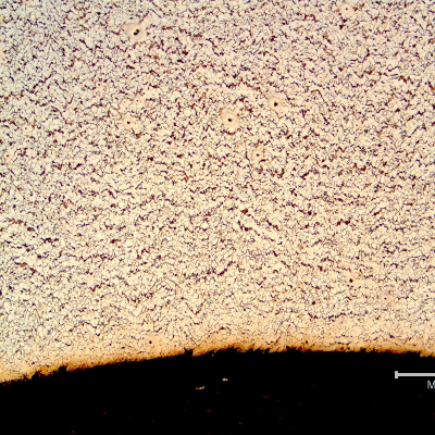 Micrography of a transverse section of the pipe, close to the internal surface (ID). 
Refined structure. 
Ferrite and pearlite.