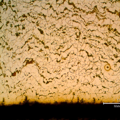 Micrography of a transverse section of the pipe, close to the internal surface (ID). 
Refined structure, but not uniform. Ferrite and pearlite.  The pearlite colonies appear in a network.