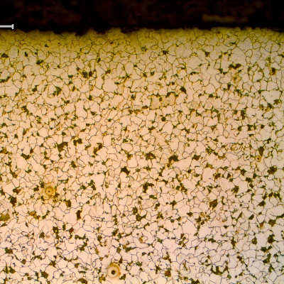 Micrography of a transverse section of the pipe, close to the external surface (OD). 
Refined structure. Ferrite and pearlite.
