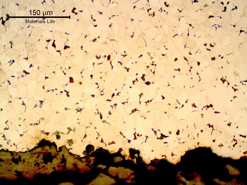 Micrography of a transverse section of the pipe, close to the internal surface (ID). The pipe presented a predominatly ferritic structure.