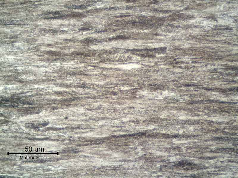 Micrographic detail of a longitudinal section of a 4 mm diameter wire, presenting an aligned and highly strained pearlitic structure. Base metal.