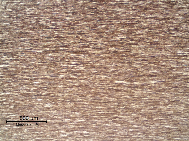 Low magnification micrography of a longitudinal section of a 4 mm diameter base metal wire, presenting a strain hardened and aligned pearlitic structure.