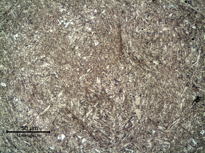 Micrographic detail of a longitudinal section of a 4 mm diameter wire, in the center of the autogenously welded joint, presenting a tempered martensitic structure.