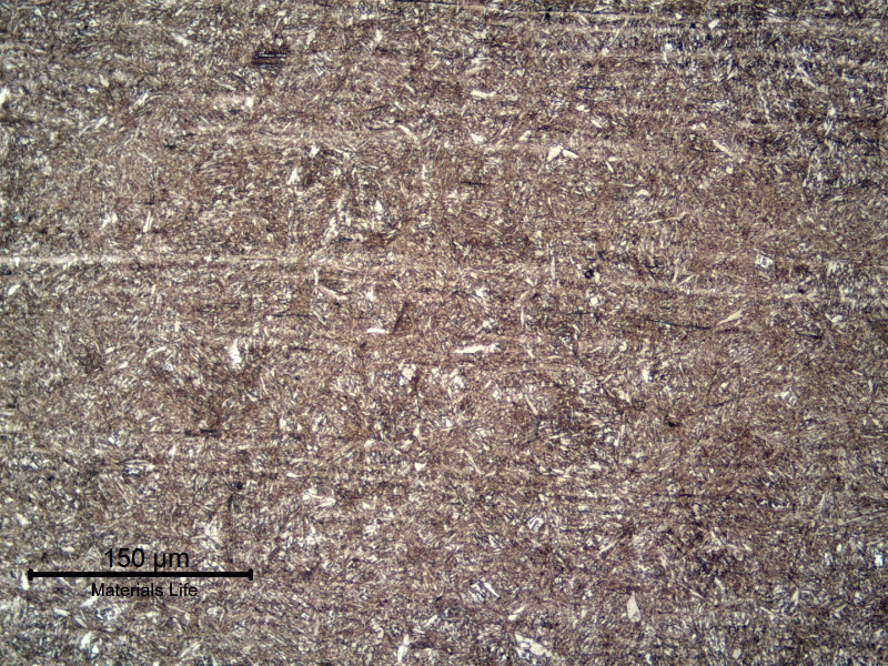 Micrography of a longitudinal section of a 4 mm diameter wire, at the heat affected zone created by the autogenous welding, presenting a tempered martensitic structure.