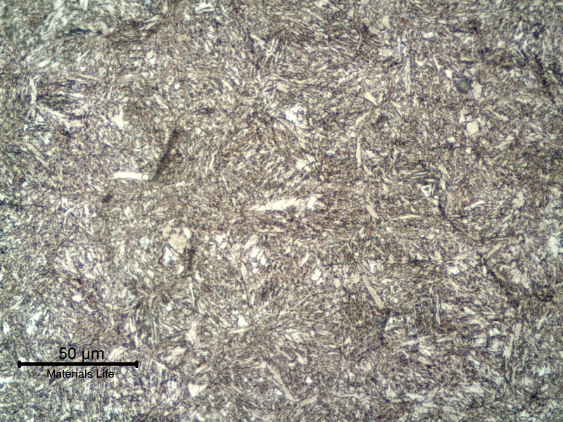 Micrographic detail of a longitudinal section of a 4 mm diameter wire, at the heat affected zone created by the autogenous welding, presenting a tempered martensitic structure.