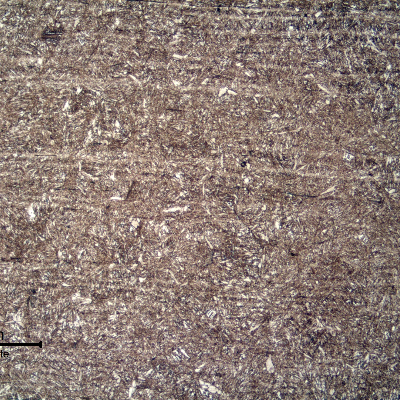 Micrography of a longitudinal section of a 4 mm diameter wire, at the heat affected zone created by the autogenous welding, presenting a tempered martensitic structure.