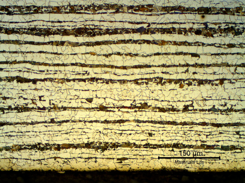 Micrography of a transverse section of the tubing, close to the internal surface.  
Ferritic-pearlitic structure, refined.
