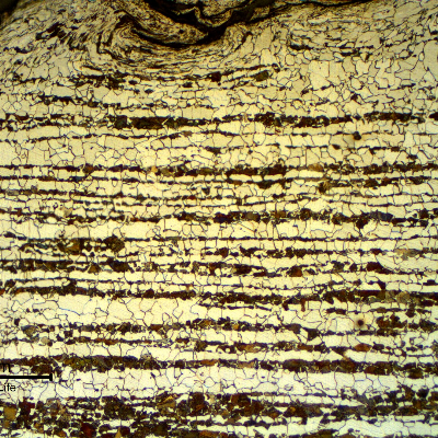 Micrography of a transverse section of the tubing, at the external surface.  
Ferritic-pearlitic structure.  The roughness of the surface is high because the structure was painted and a blasting treatment was probably applied to the surface to improve adherence.