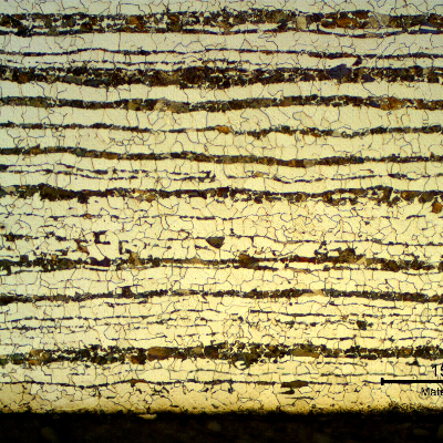 Micrography of a transverse section of the tubing, close to the internal surface.  
Ferritic-pearlitic structure, refined.