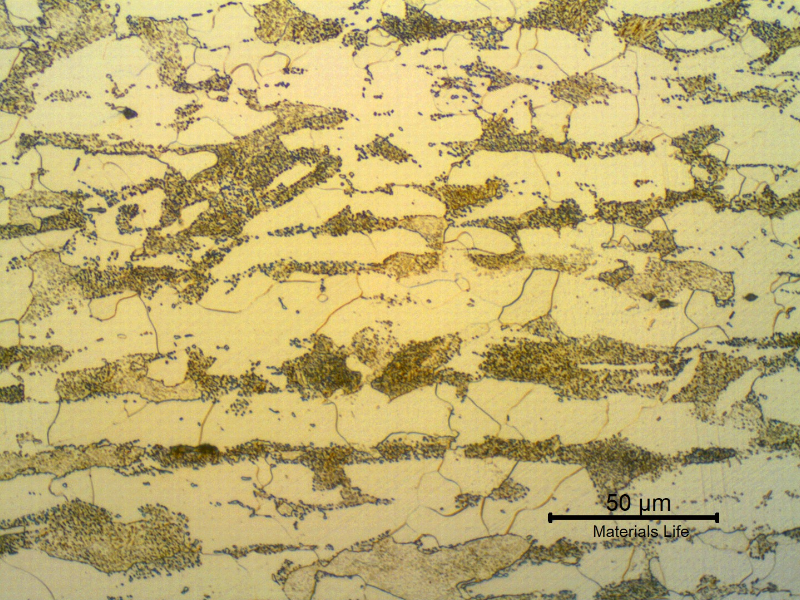 Micrographic detail of a transverse section of the 5 mm thick tubing, in the center of the thickness. Ferritic-pearlitic structure, with the pearlite presenting a coalesced aspect. The tubing was in service at ambient temperature, painted, and the coalesced aspect was generated before service, perhaps during the tubing manufacturing.