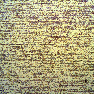 Low magnification micrography of a transverse section of the tubing, in the center of the thickness. Banded structure, ferritic-pearlitic.