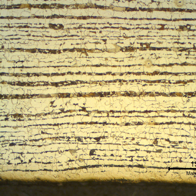 Micrographic detail of a transverse section of the tubing, close to the internal surface. Ferritic-pearlitic structure, refined.