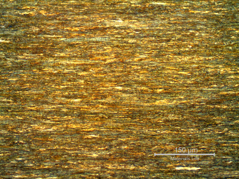 Micrography of a longitudinal section of the internal strand wire, 2.6 mm diameter, in the center of the thickness, showing a strain hardened pearlitic structure.