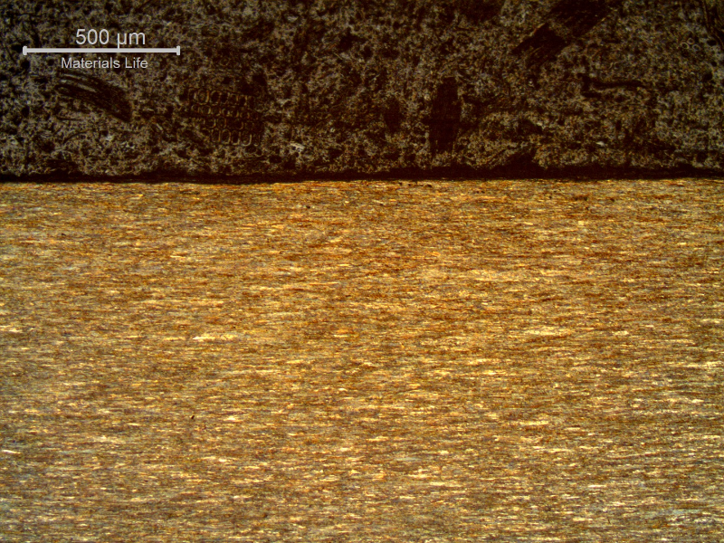 Micrography of a longitudinal section of the strand internal layer, wire of 2.6 mm diameter, at the surface, showing that the wire presents no protective layer (not galvanized nor plated) and the microstructure is strain hardened, aligned.