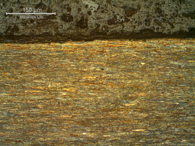 Micrography of a longitudinal section of the strand internal layer wire, 2.6 mm diameter, at the surface, showing that the wire presents no protective layer (not galvanized) and the microstructure is strain hardened, aligned.