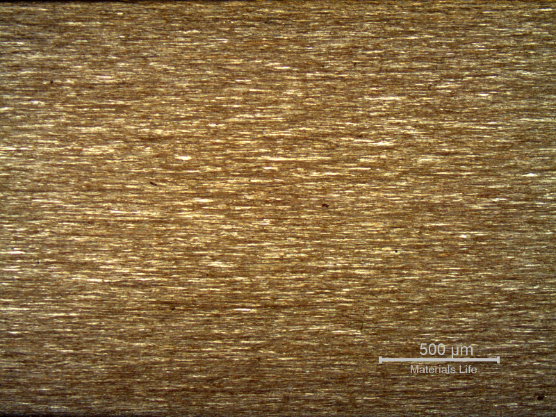 Micrography of a longitudinal section of the external strand wire, 3.8 mm diameter, in the center of the thickness, showing a strain hardened structure, aligned.