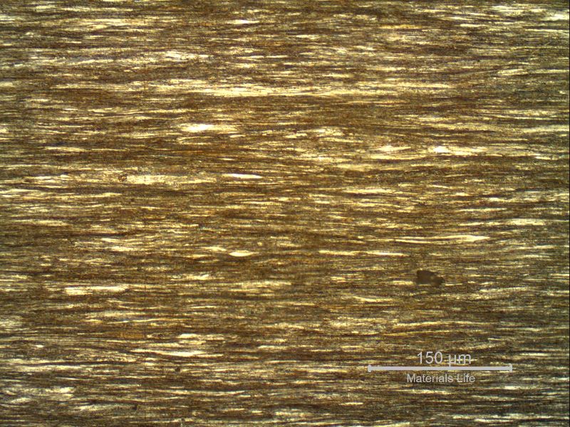 Micrography of a longitudinal section of the strand external layer, wire of 3.8 mm diameter, in the center of the thickness, showing a strain hardened pearlitic structure.