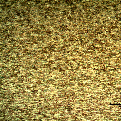 Low magnification micrography of the plate base metal, presenting granular structure not clearly identified and aligned particles.