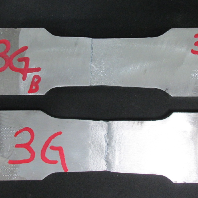 Tensile testpieces after testing. The rupture of the testpieces occurred at the margin of the weld.