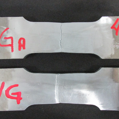Tensile testpieces after testing. The rupture of the testpieces occurred at the margin of the weld.